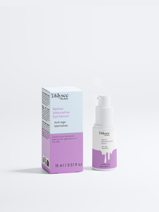 A sleek 15ml white container of Klysee Retinol Alternative Eye Serum, highlighting its targeted anti-aging formula for the delicate under-eye area.