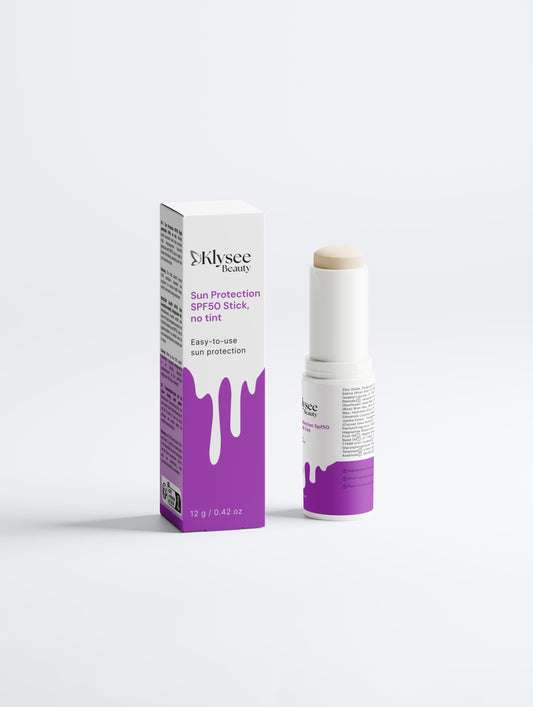 A professional shot of the white Klysee Sun Protection SPF 50 mineral sunscreen stick, highlighting its portable and sleek design for daily sun defense.