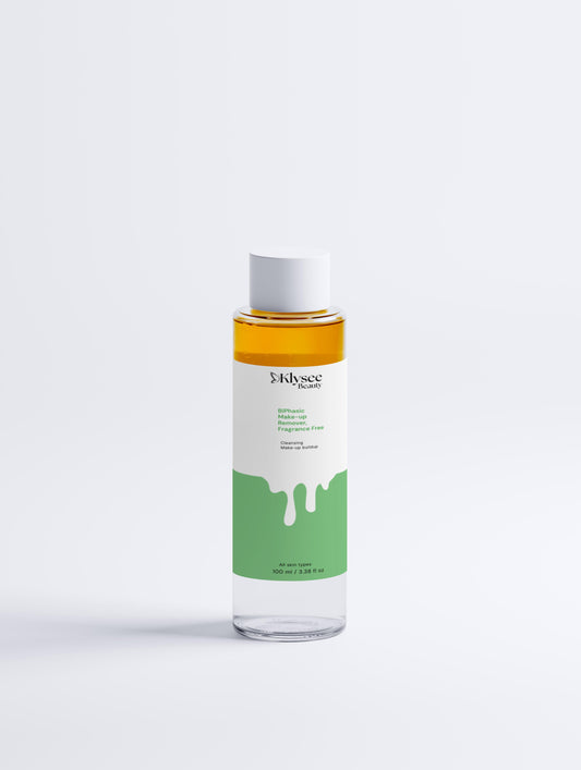 A 100ml bottle of Klysee Bi-Phasic Make-up Remover showing the unique two-phase oil and water formulation.