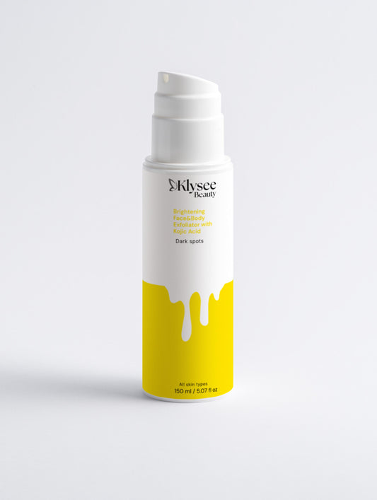 Skincare bottle with yellow and white design on a light gray background
