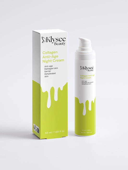 A 50ml jar of Klysee Collagen Anti-Age Night Cream, showcasing its premium packaging and rich formula.