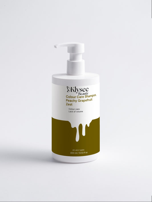 A 400ml bottle of Klysee Colour Protect & Shine Shampoo, highlighting its color-safe formula and natural certification.