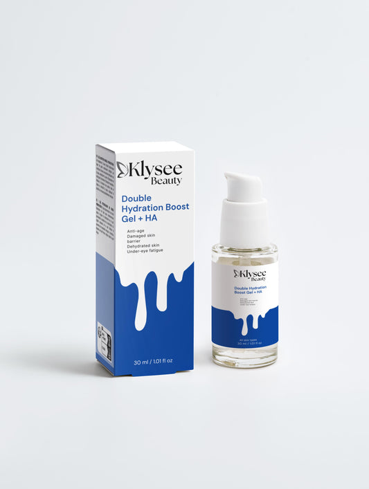 Klysee Beauty Double Hydration Boost Gel + HA packaging and bottle on a white background