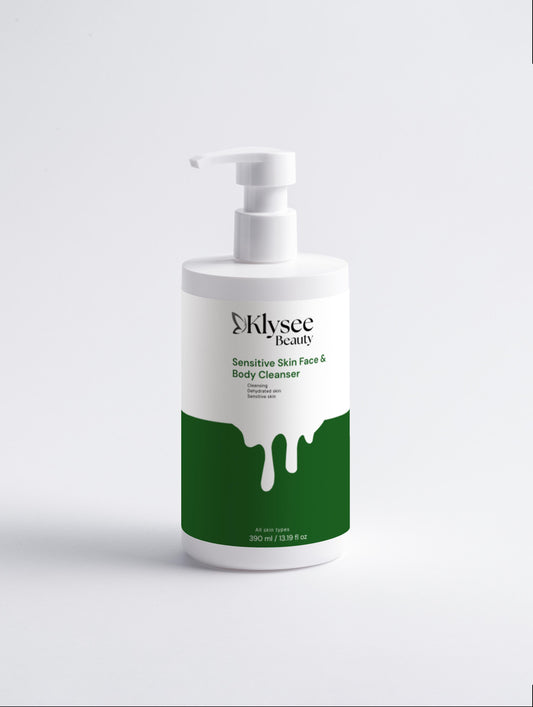 A large 390ml bottle of Klysee Gentle Clean Sensitive Skin Face & Body Cleanser, highlighting its clean, minimalistic design and pump dispenser.