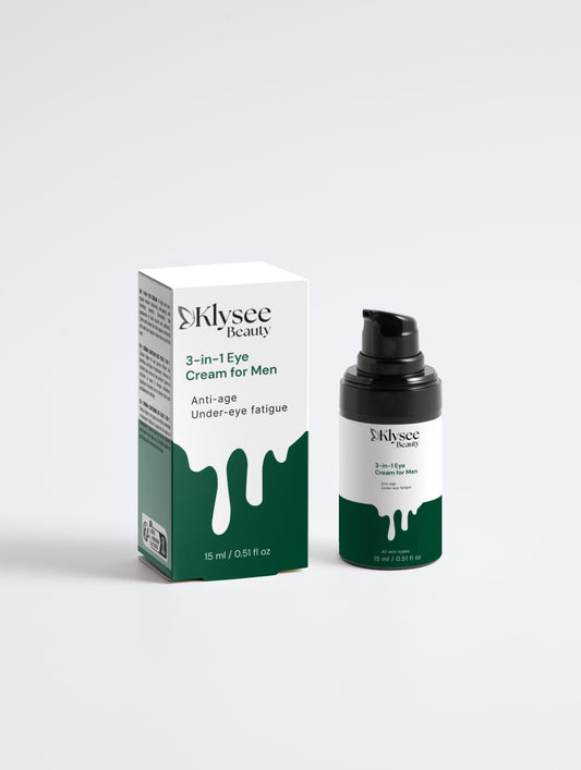 A man applying Klysee eye cream to the under-eye area to reduce dark circles and puffiness.