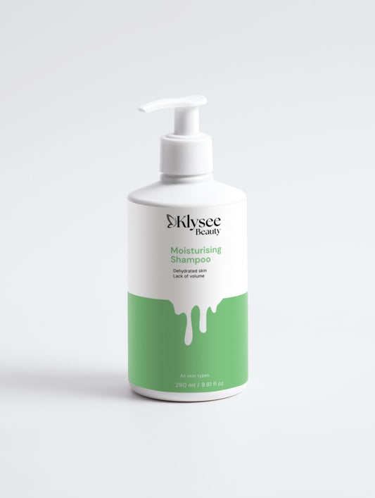 A 290ml bottle of Klysee Moisturising Shampoo, showcasing its natural certification and sleek, modern packaging.