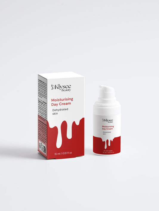 Front view of Klysee Natural Vegan Moisturising Day Cream 15ml bottle on a clean white background.