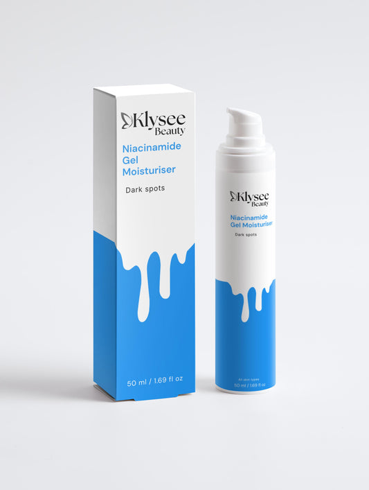 A 50ml bottle of Klysee Niacinamide Gel Moisturiser, showcasing its modern design and 5% Vitamin B3 formula.