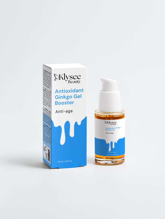 A professional shot of the Klysee Ginkgo Gel Booster, showcasing its clean packaging and botanical-based antioxidant formula designed for environmental protection.