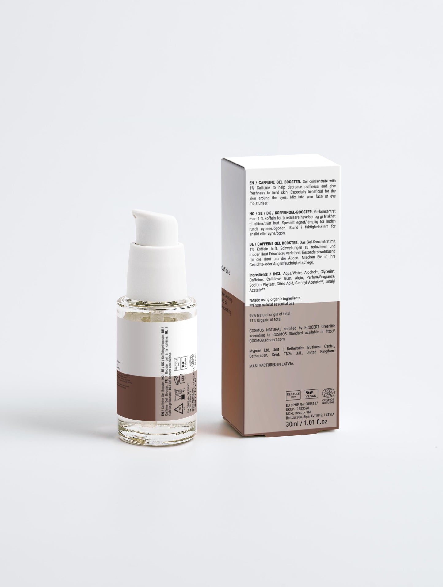 A close-up of a clear, refreshing drop of the Klysee Caffeine Booster, demonstrating its lightweight, oil-free, and fast-absorbing gel consistency.