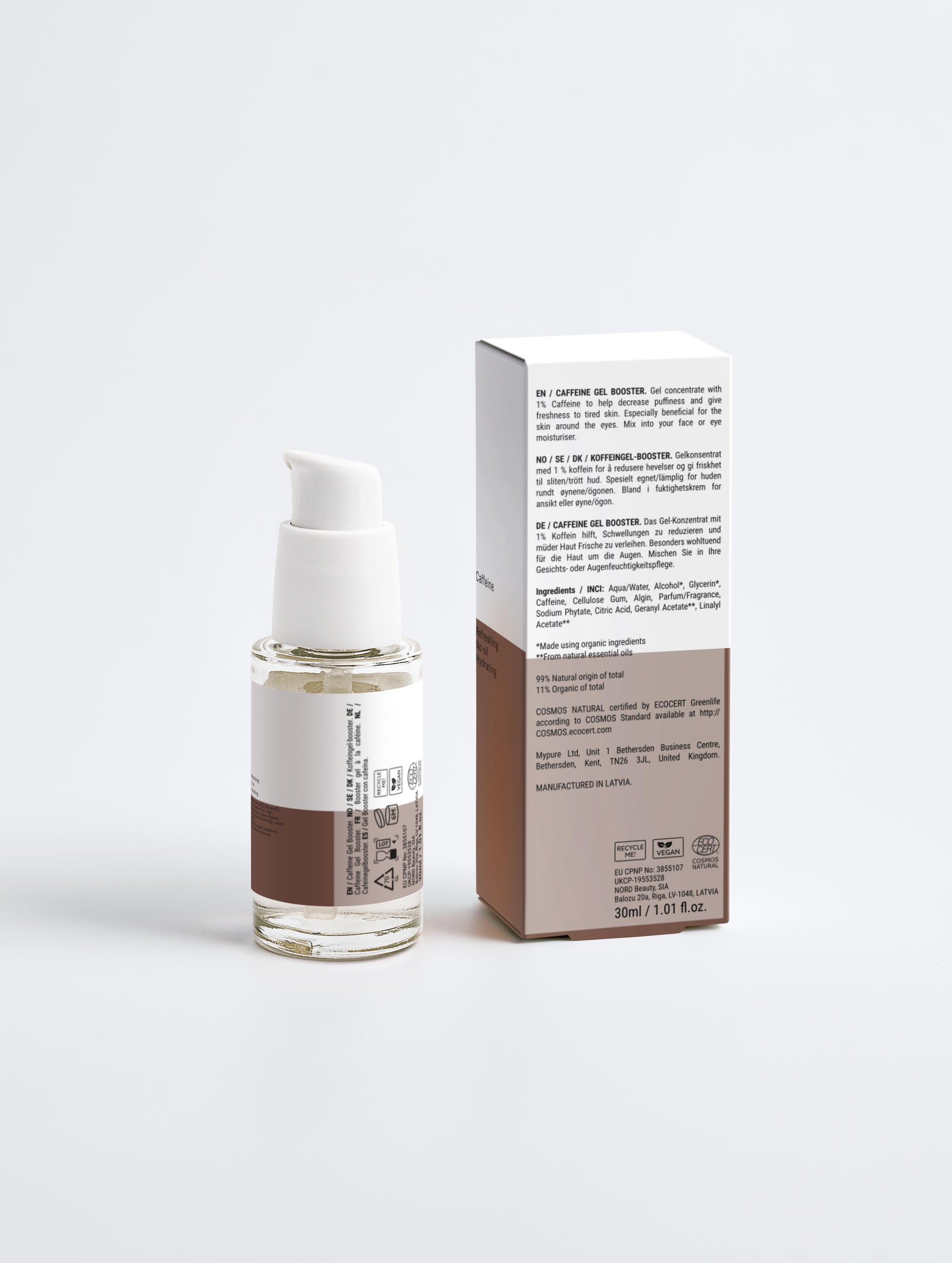 A close-up of a clear, refreshing drop of the Klysee Caffeine Booster, demonstrating its lightweight, oil-free, and fast-absorbing gel consistency.