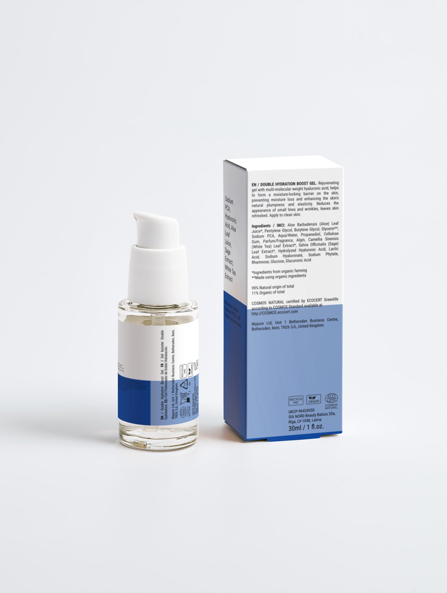 Skincare bottle and box with blue accents on a white background