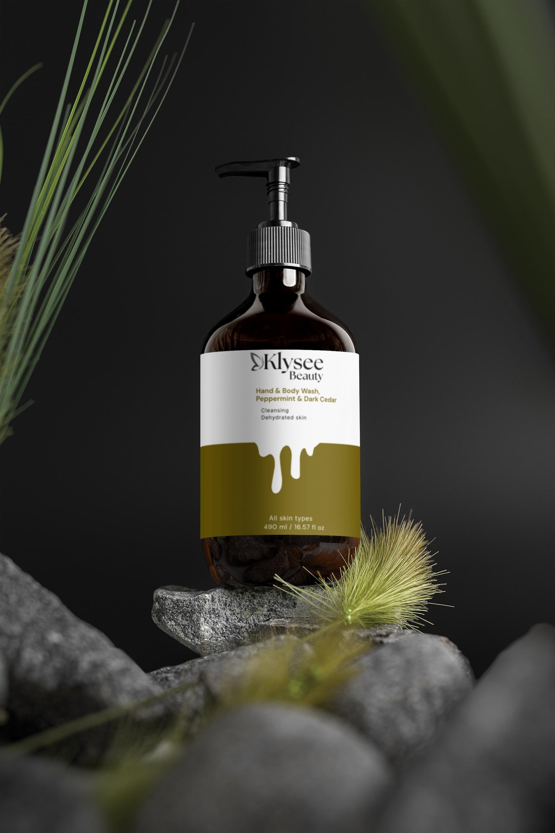 Skypee Beauty bottle on a dark background with plants