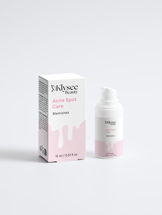 A 15ml tube of Klysee Acne Spot Care Rapid Relief, featuring a precision applicator for targeted blemish treatment.