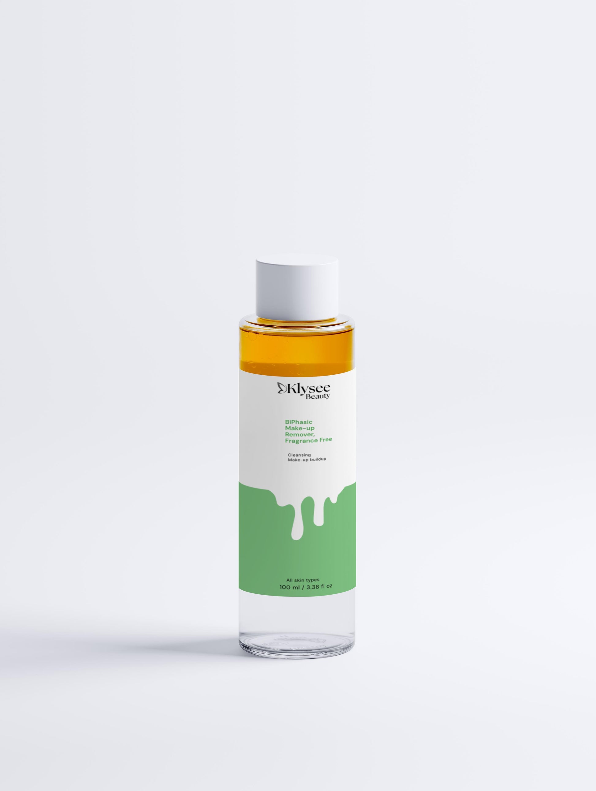 A 100ml bottle of Klysee Bi-Phasic Make-up Remover showing the unique two-phase oil and water formulation.