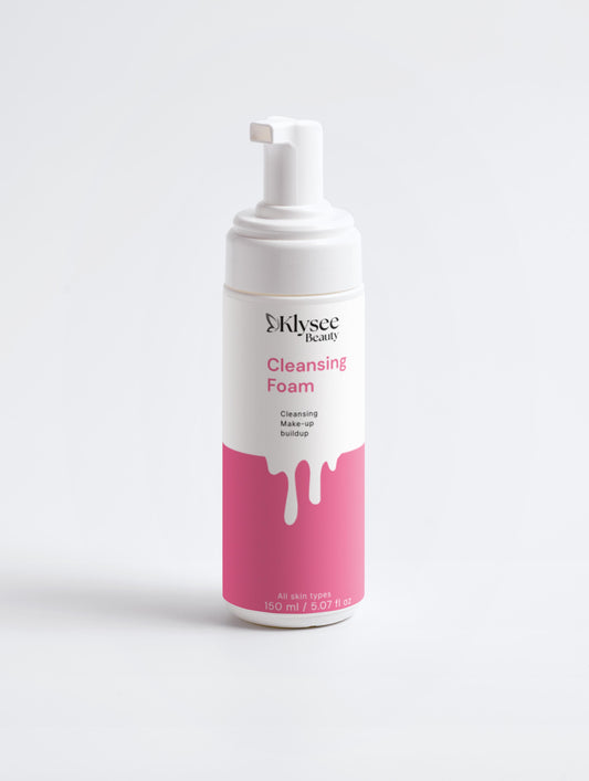 Klysee Cleansing Foam bottle with pink and white design on a light gray background