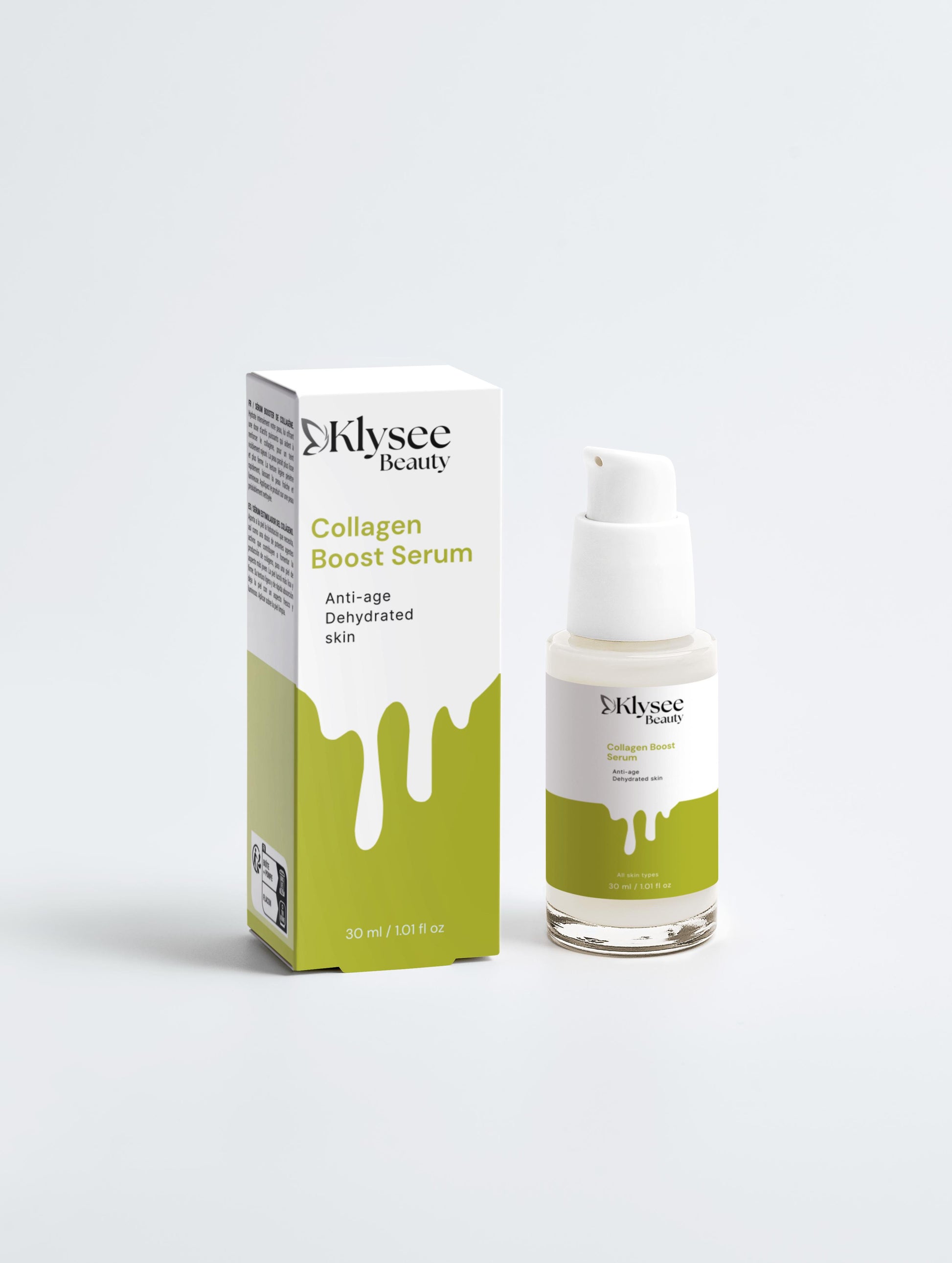 A 30ml glass bottle of Klysee Collagen Boost Serum, featuring its elegant branding and professional dropper applicator.