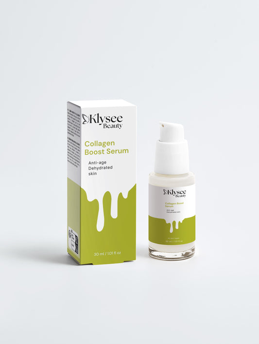 A 30ml glass bottle of Klysee Collagen Boost Serum, featuring its elegant branding and professional dropper applicator.