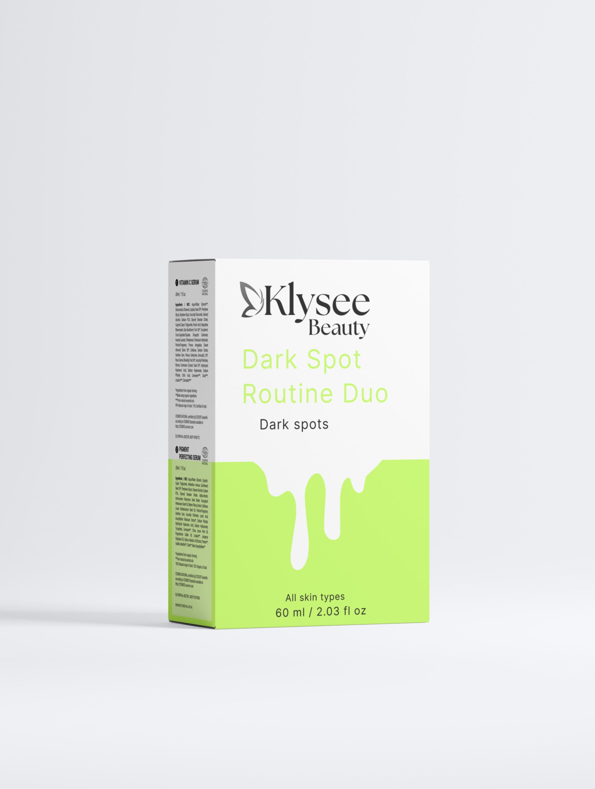 The Klysee Dark Spot Correct & Glow Duo featuring Vitamin C and Pigment Perfecting serums in a premium customizable gift box.