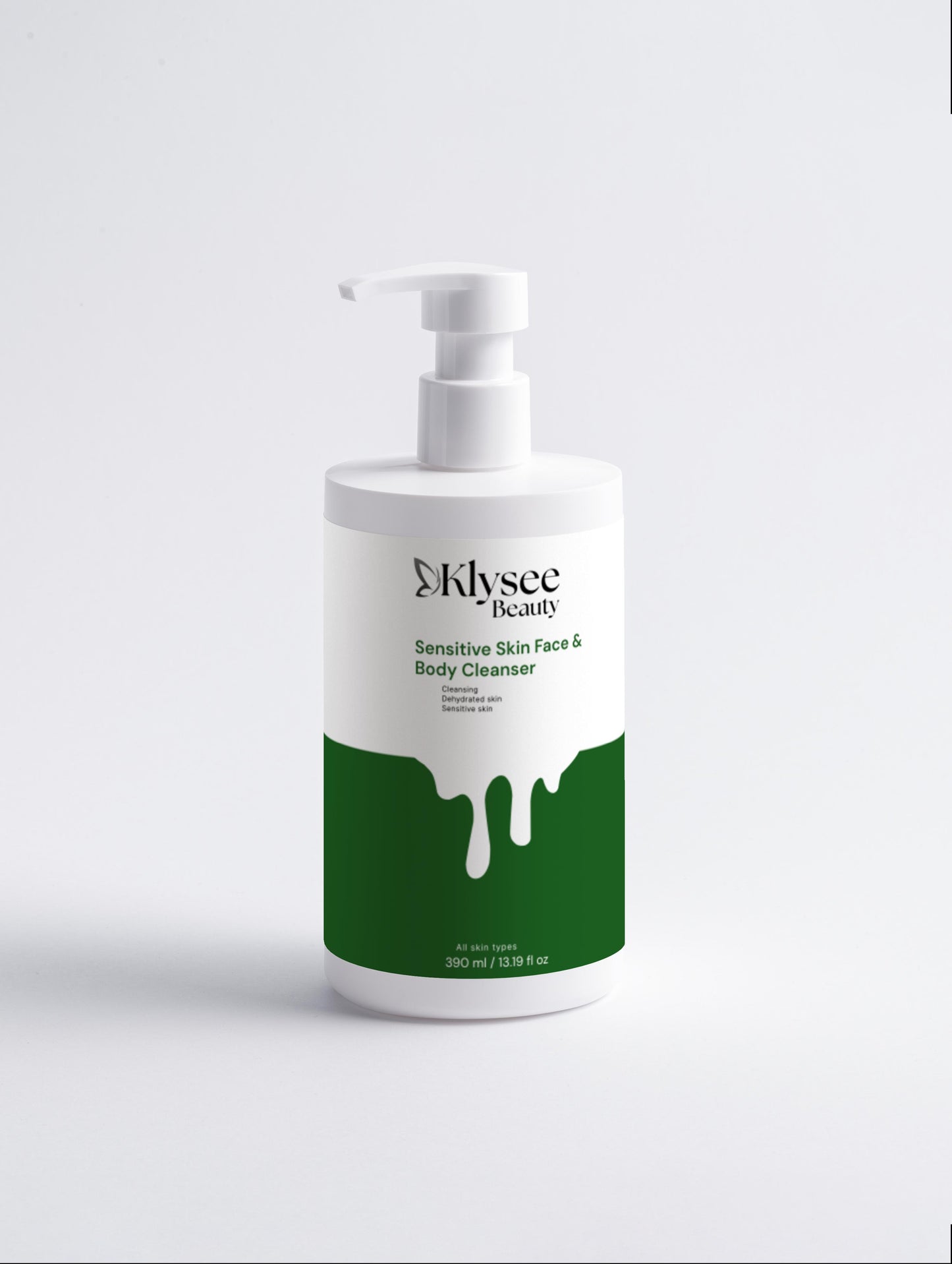 A large 390ml bottle of Klysee Gentle Clean Sensitive Skin Face & Body Cleanser, highlighting its clean, minimalistic design and pump dispenser.