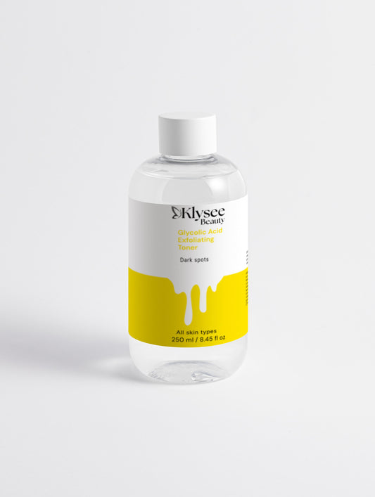 A 250ml bottle of Klysee Glycolic Acid Exfoliating Toner, an advanced 5% AHA liquid exfoliator for brighter skin.