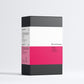 Product packaging with black, white, and pink design on a light gray background