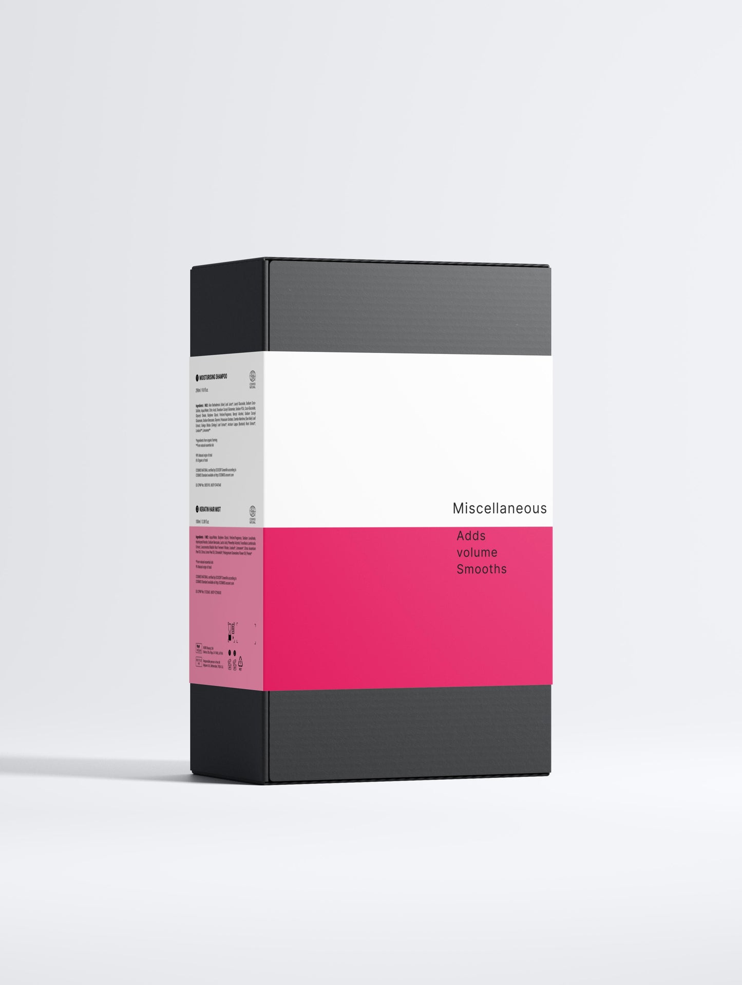 Product packaging with black, white, and pink design on a light gray background