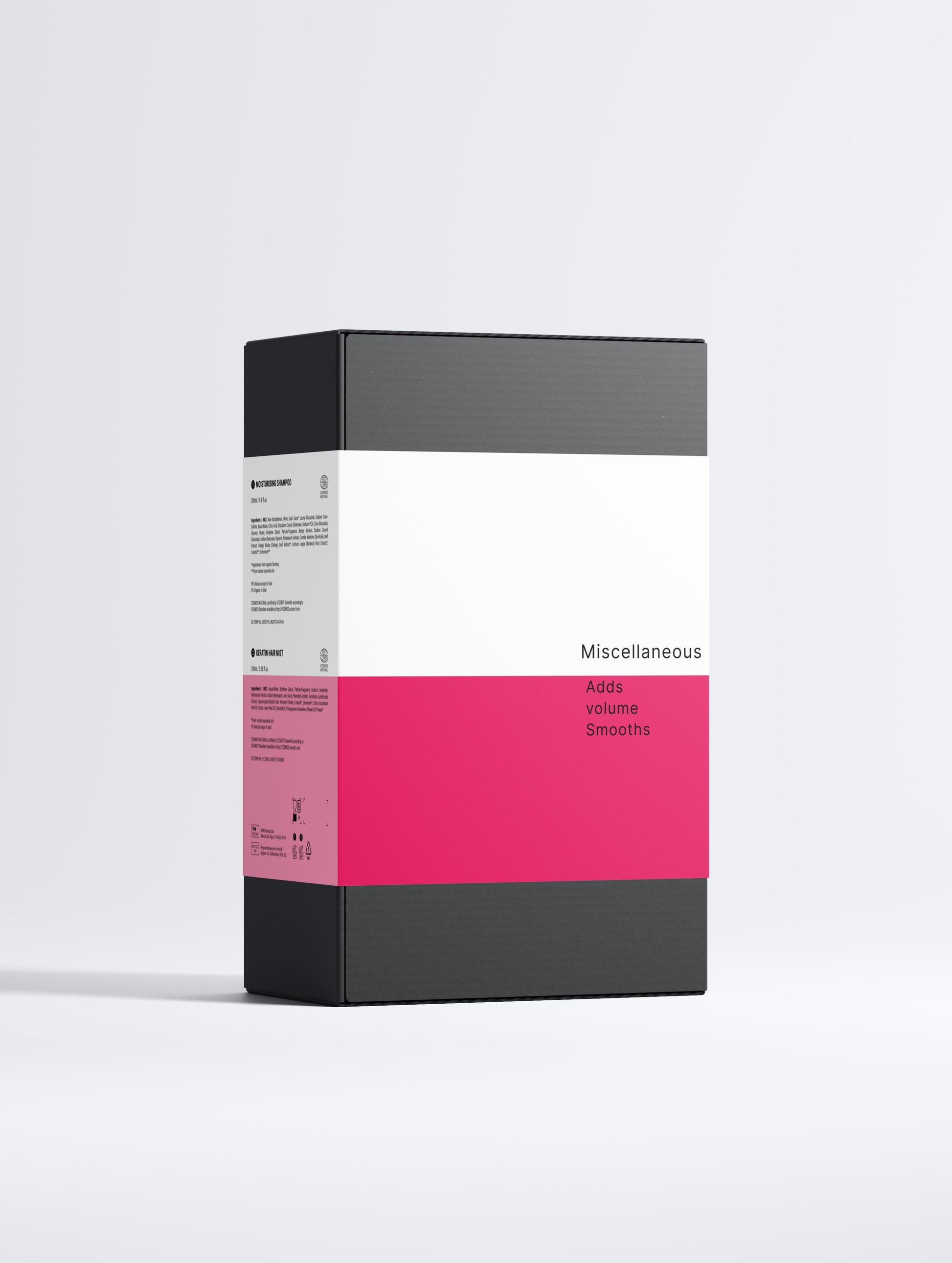 Product packaging with black, white, and pink design on a light gray background