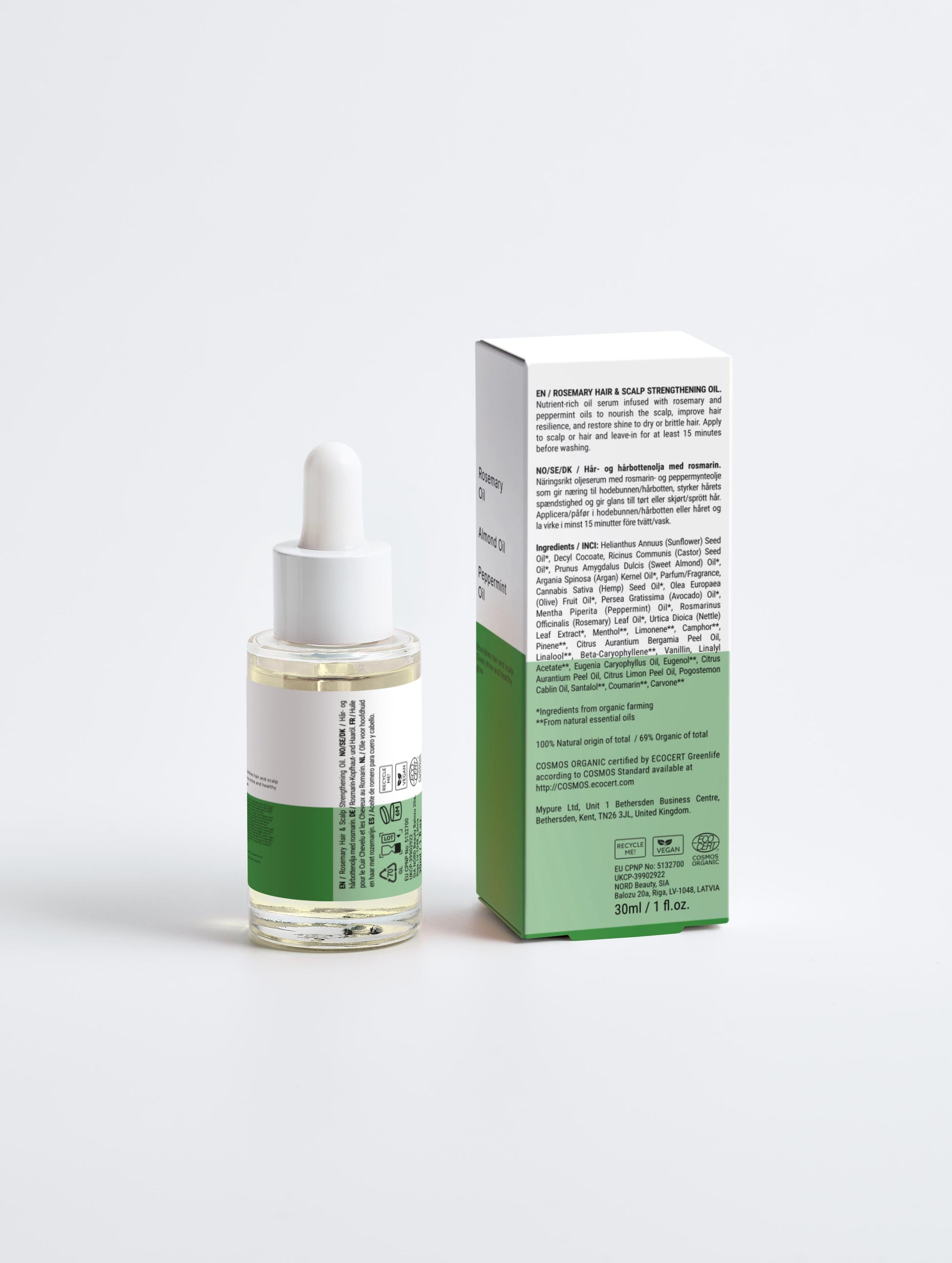 Skincare serum bottle with dropper and packaging on a white background