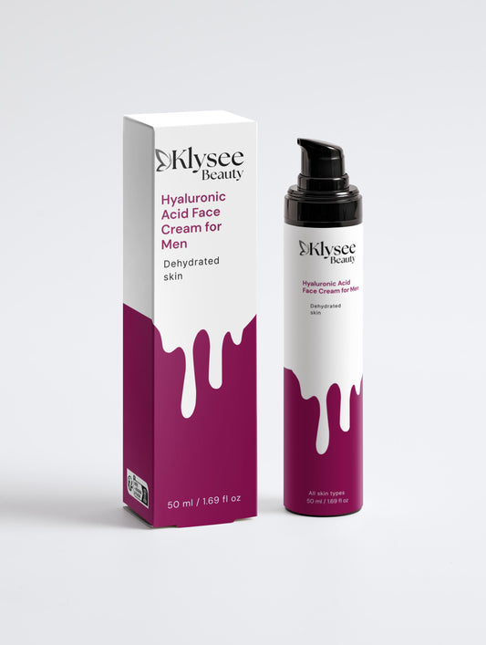 A 50ml tube of Klysee Hyaluronic Acid Face Cream for men, showcasing its sleek and masculine packaging.