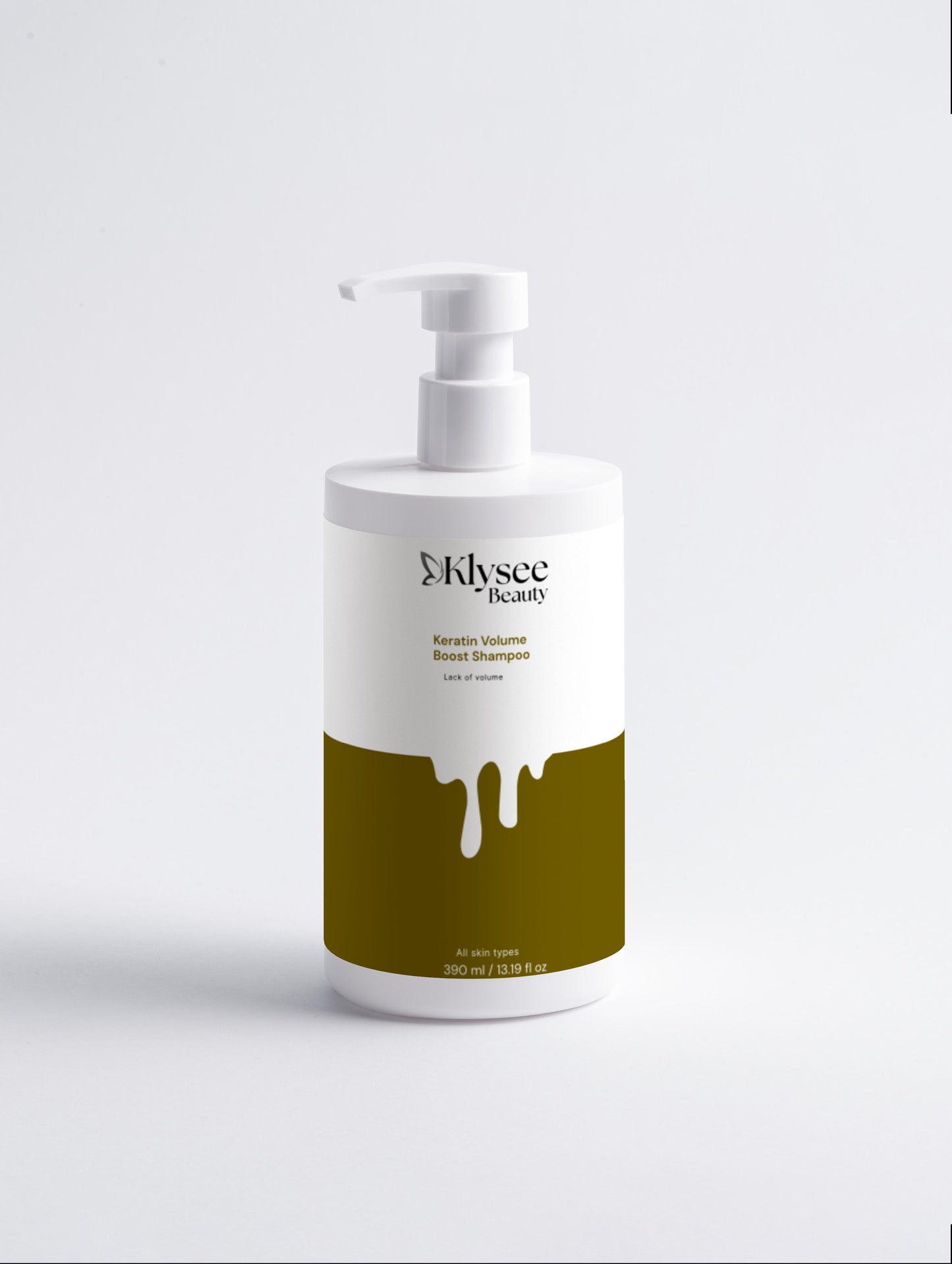 Klysec beauty hair product bottle with white pump on a light gray background