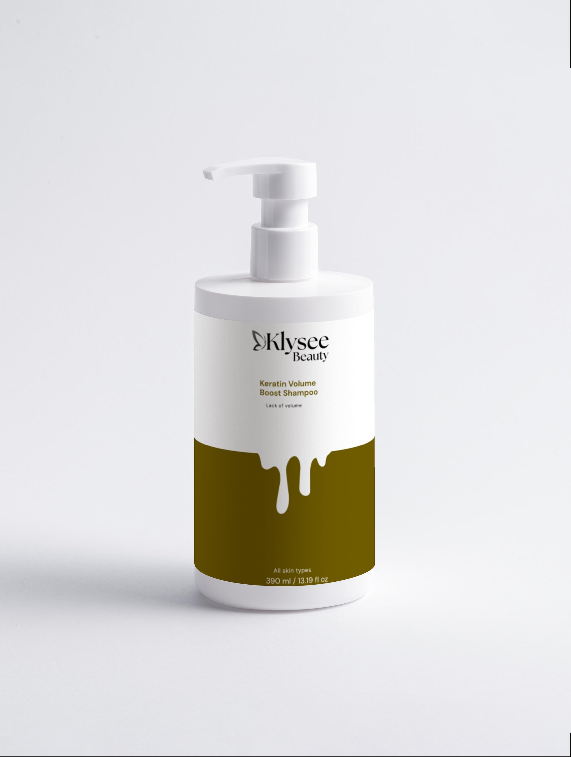 Klysec beauty hair product bottle with white pump on a light gray background