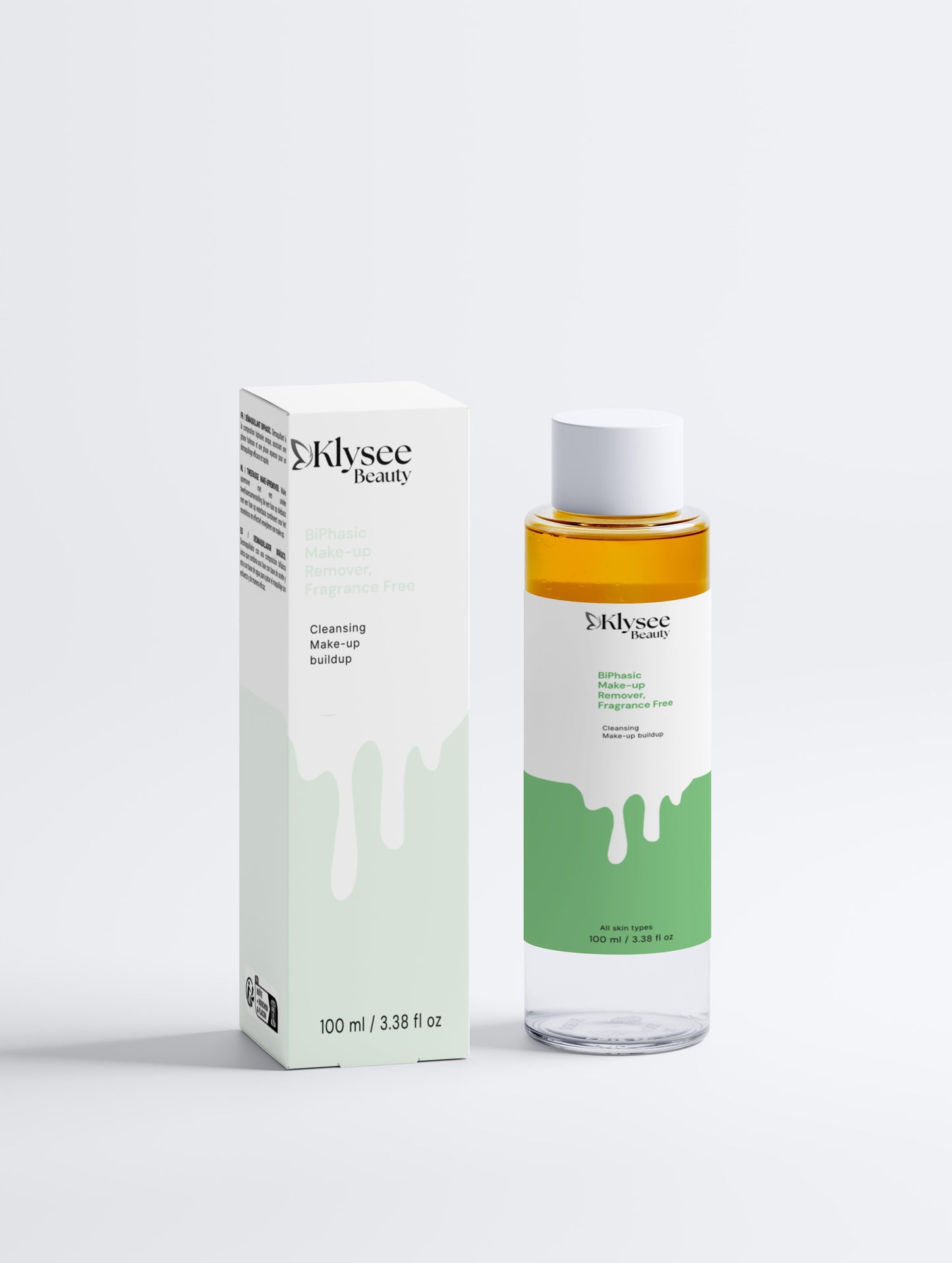 A cotton pad soaked in Klysee fragrance-free makeup remover gently wiping away eye makeup for a clean, hydrated finish.