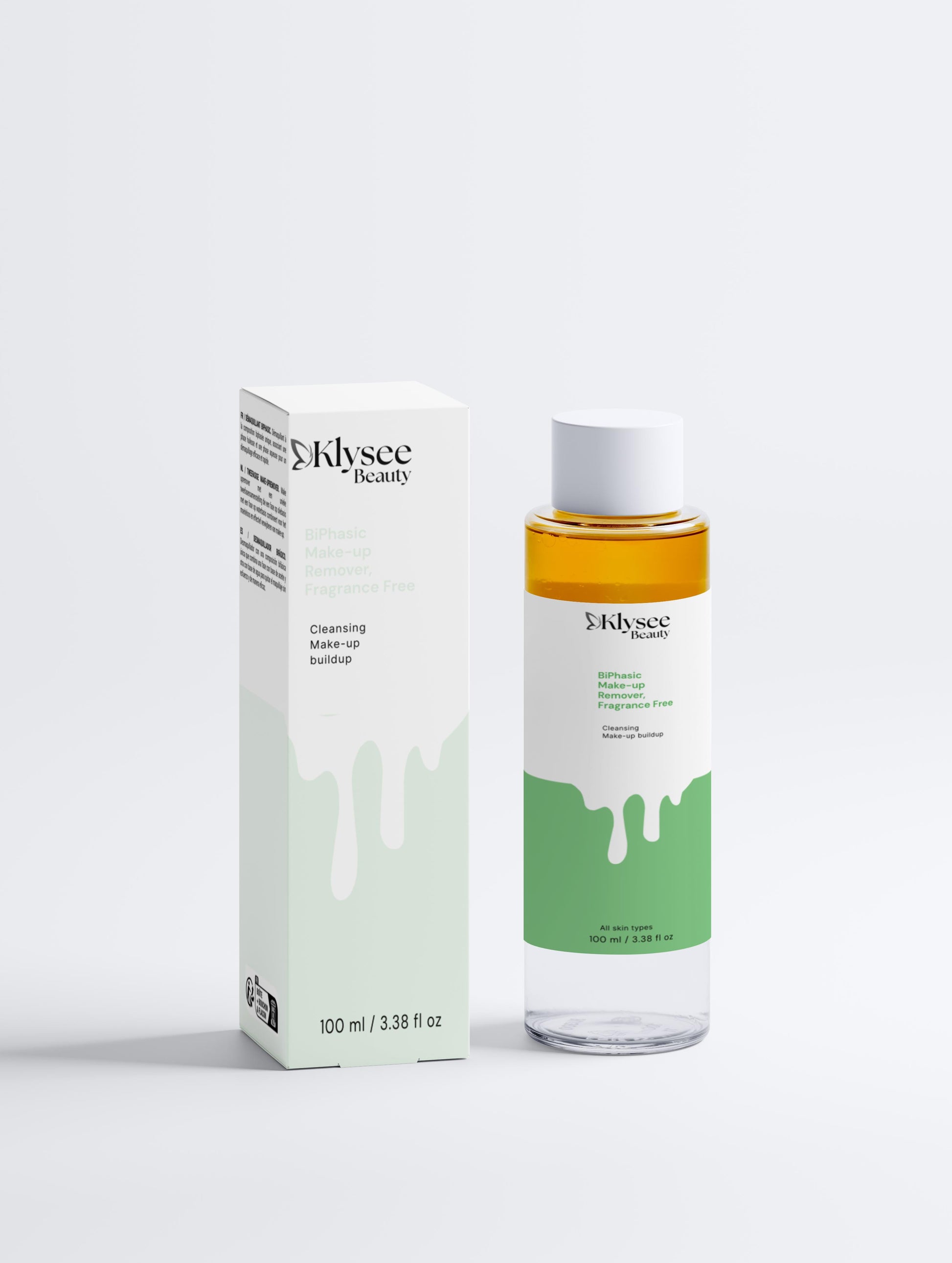 A cotton pad soaked in Klysee fragrance-free makeup remover gently wiping away eye makeup for a clean, hydrated finish.