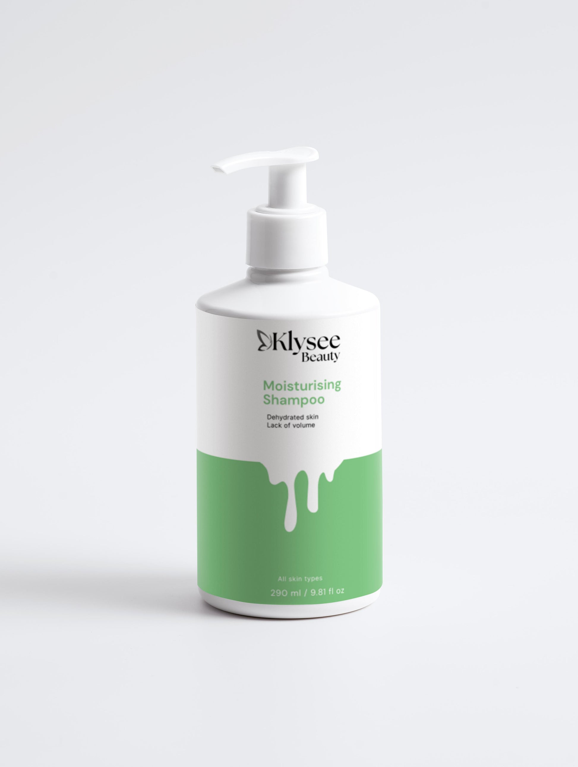 A 290ml bottle of Klysee Moisturising Shampoo, showcasing its natural certification and sleek, modern packaging.