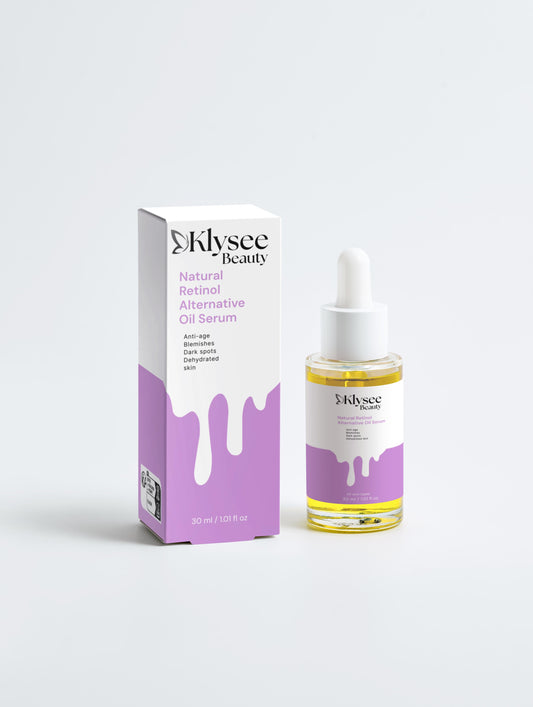 A 30ml glass bottle of Klysee Natural Retinol Alternative Oil Serum, featuring its premium organic branding and dropper.