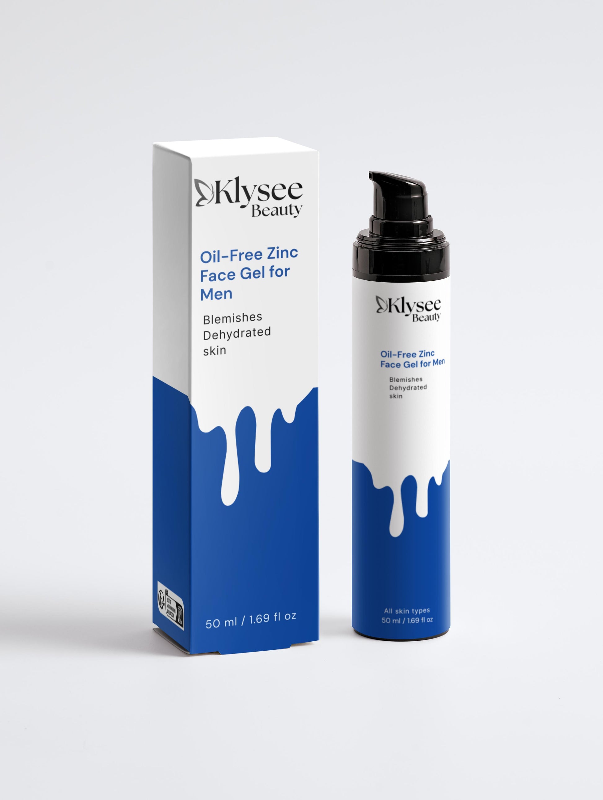 A 50ml bottle of Klysee Oil-Free Zinc Face Gel for men, featuring a clean and professional packaging design.