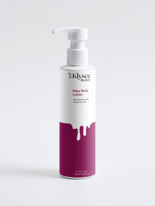 Klysee Baby Body Lotion bottle with white pump on a light gray background