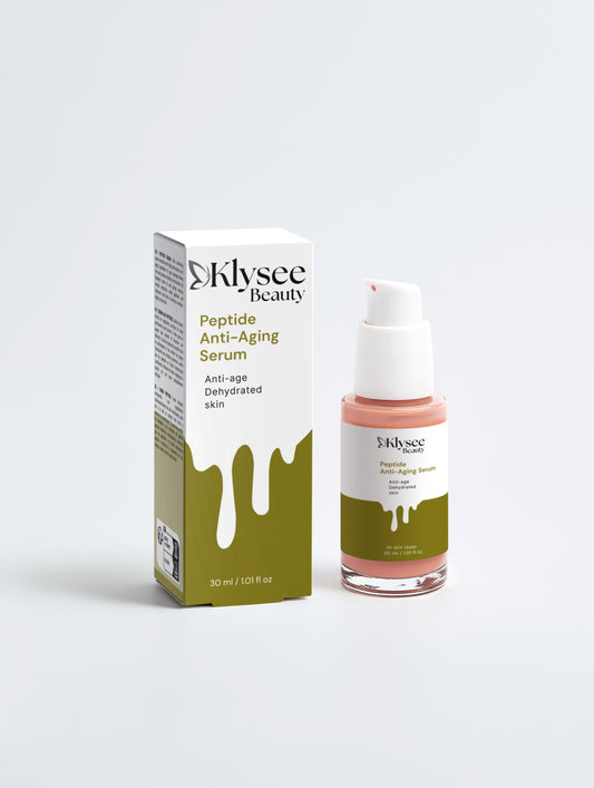 A 30ml glass bottle of Klysee Peptide Anti-Aging Serum, showcasing its elegant design and professional dropper.