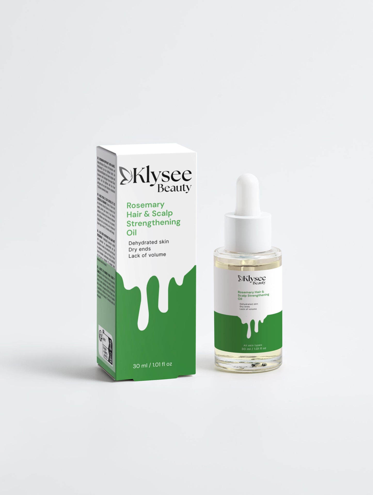 Klysee Beauty Rosemary Hair & Scalp Strengthening Oil bottle and packaging on a white background
