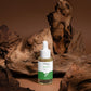Skincare dropper bottle with a label on a brown background with wooden textures