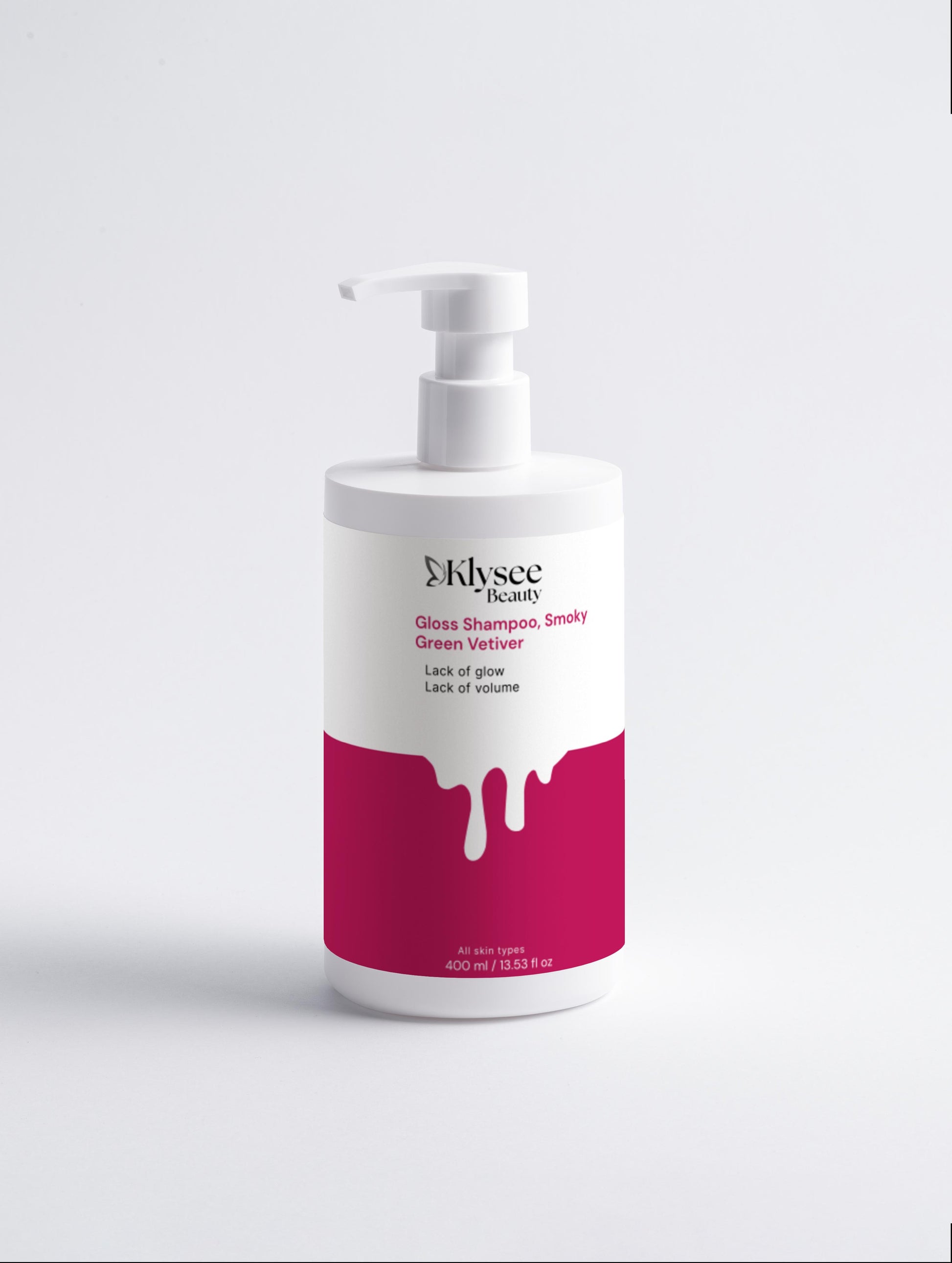 White bottle with a pink label on a light gray background