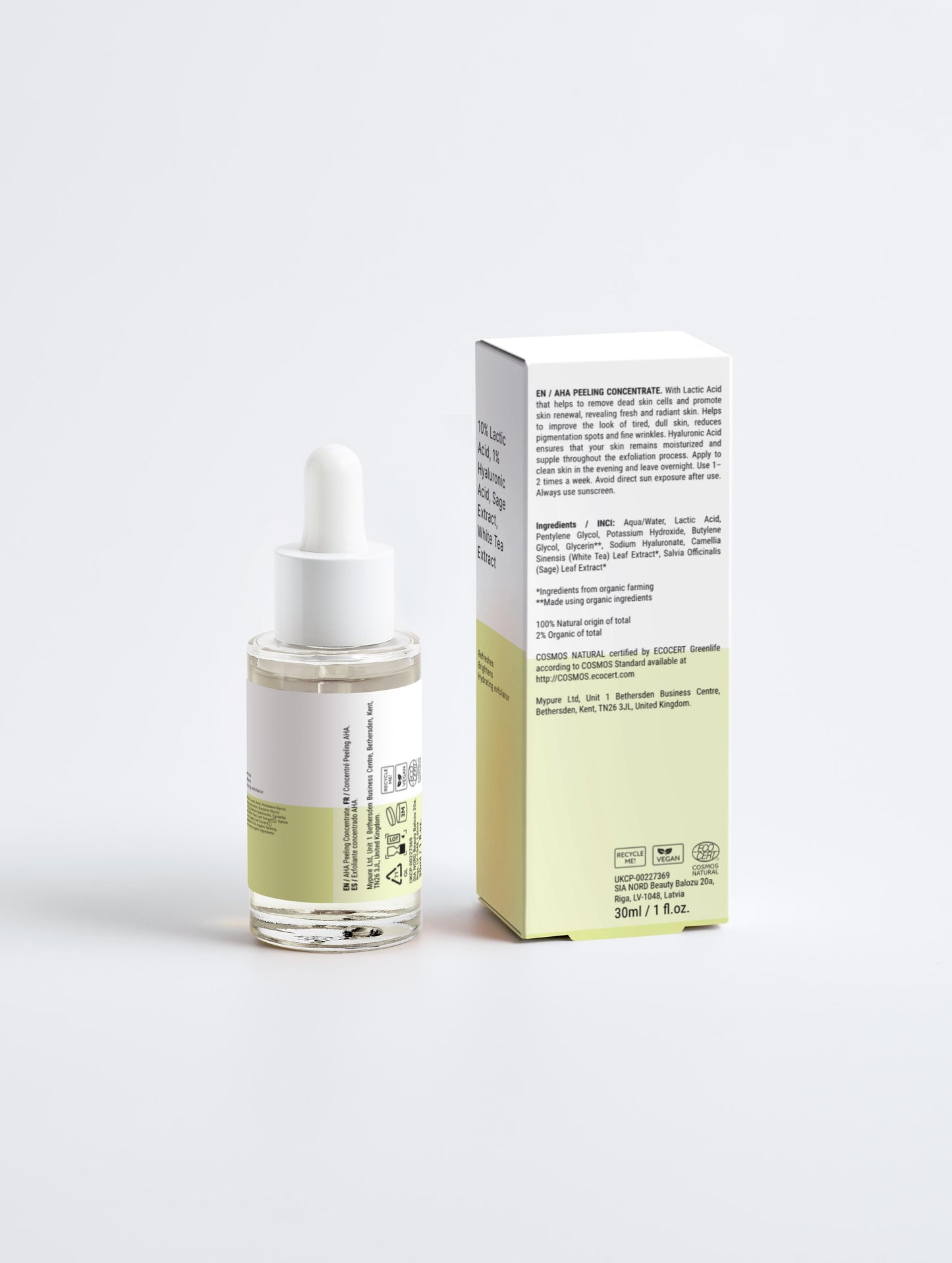 A close-up of the clear, lightweight liquid texture of the AHA Peeling Concentrate being dispensed from a dropper.