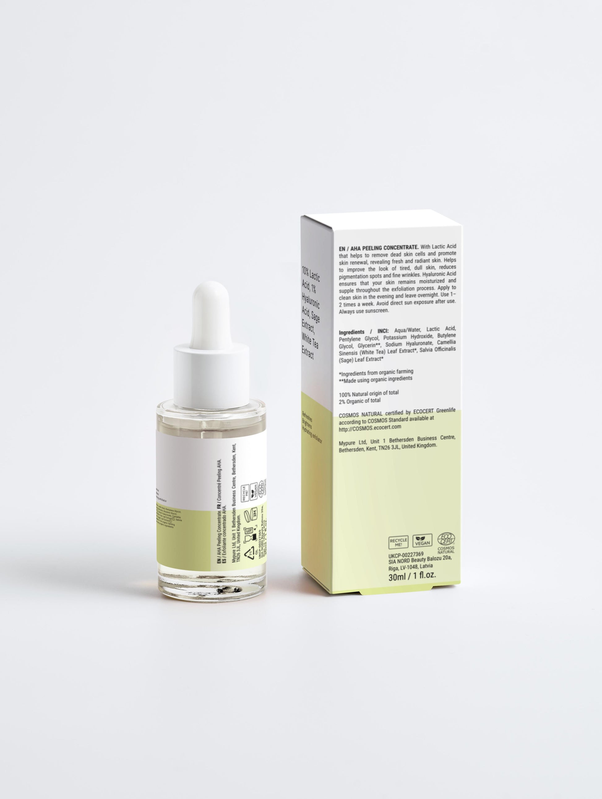 A close-up of the clear, lightweight liquid texture of the AHA Peeling Concentrate being dispensed from a dropper.