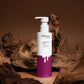 Baby body lotion bottle with purple label on a brown background