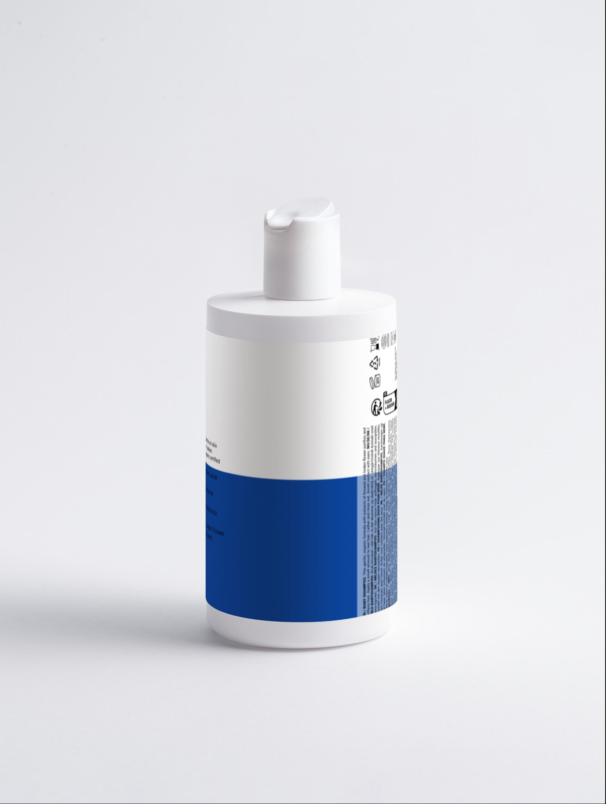White and blue bottle on a light gray background
