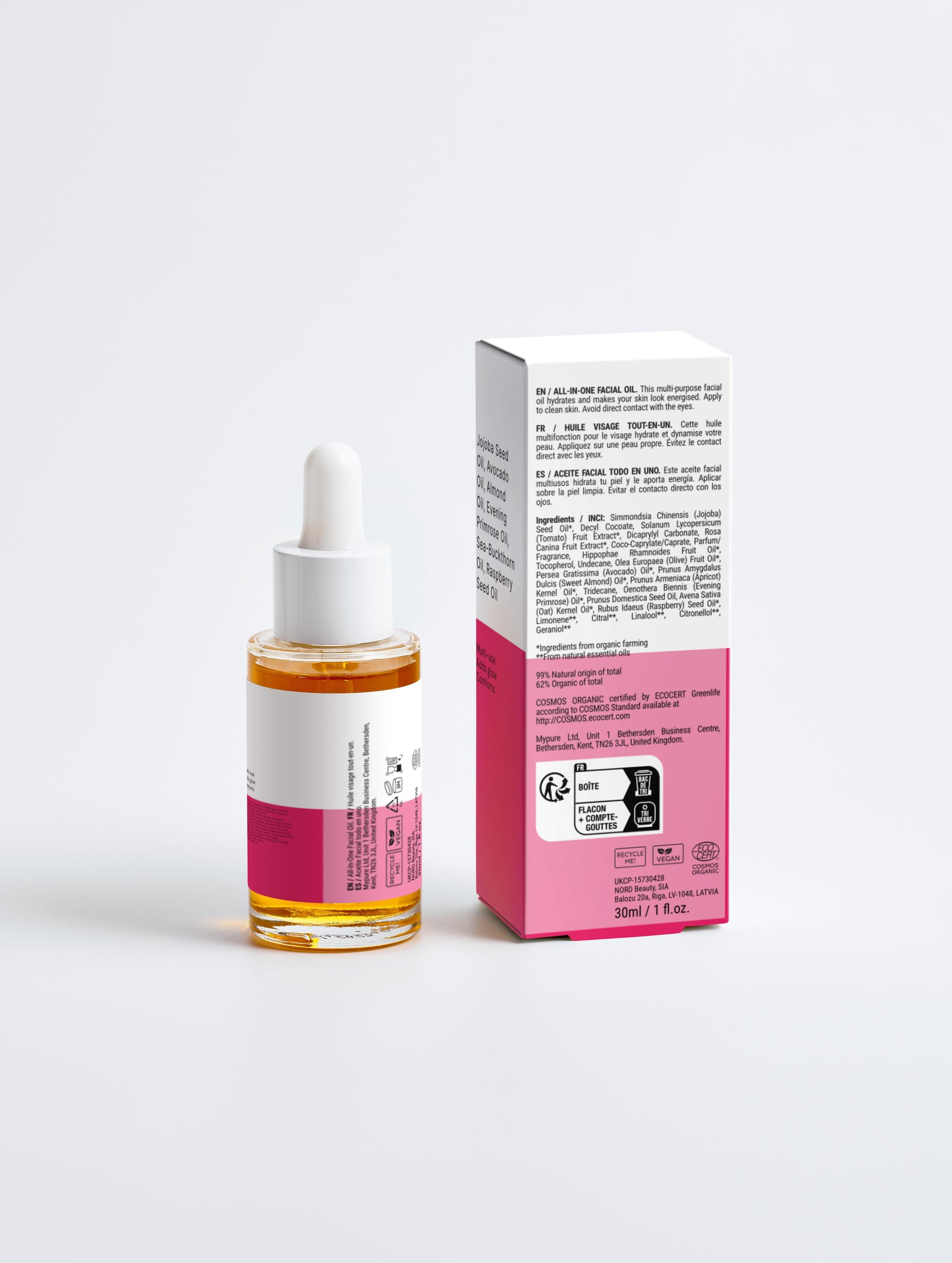 Bottle and box of a skincare product on a white background