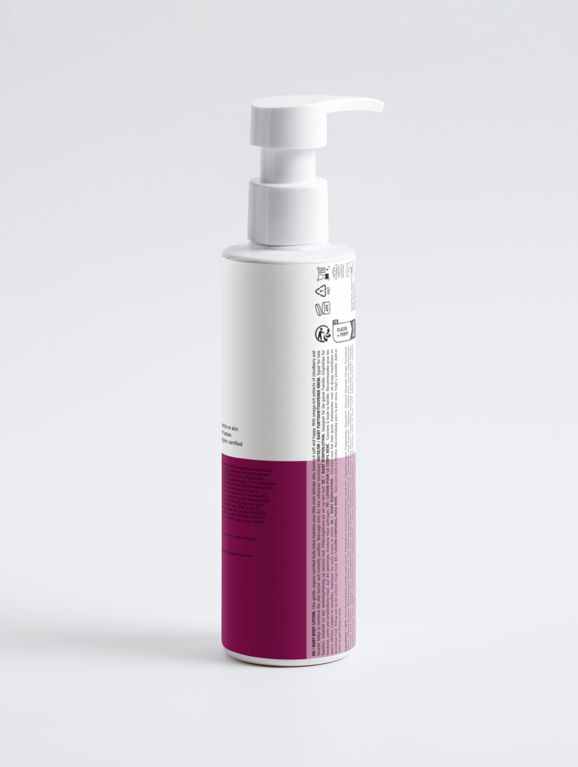 White and purple bottle with pump on a light gray background